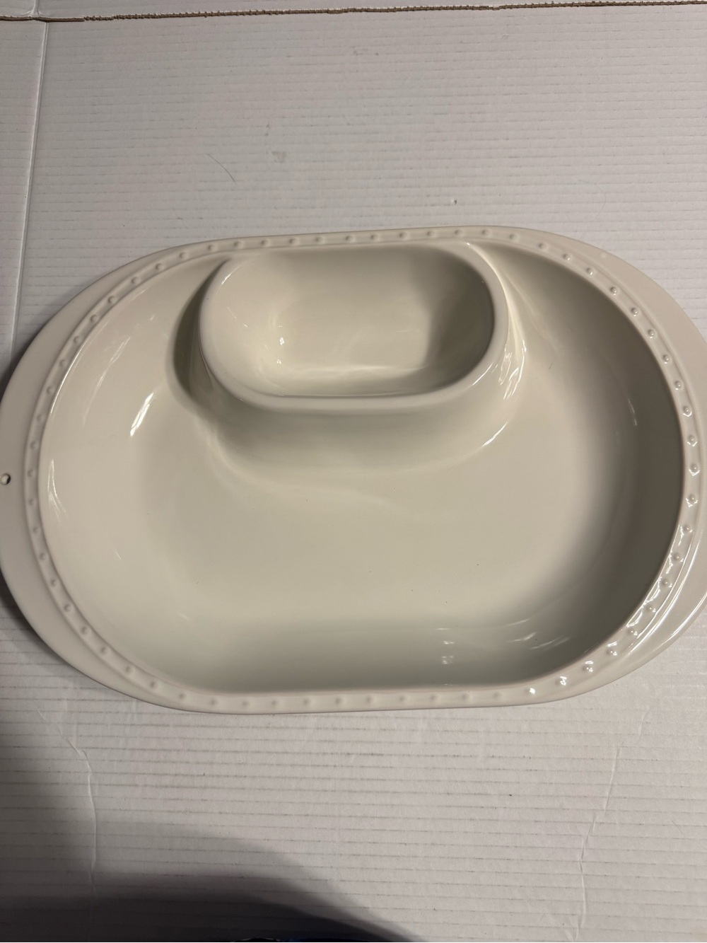 NORA FLEMING Stoneware Pearl Dot Chip & Dip Oval Serving Bowl Beaded Rim 16"×10"